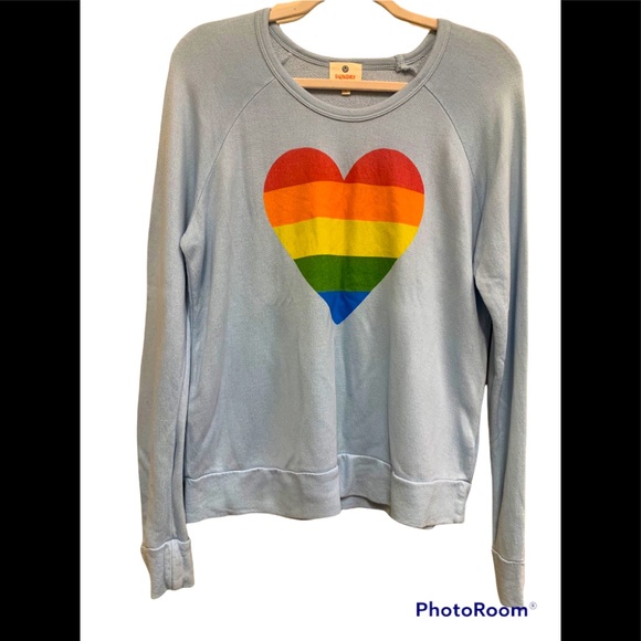 NWOT Sundry Long Sleeve Sweatshirt, Light Blue, Rainbow Heart, Size Small - Picture 2 of 7